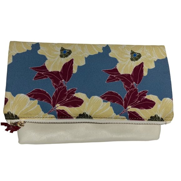 Rachel Pally Foldover Blue Yellow Floral Canvas Faux Leather Clutch - Picture 2 of 12